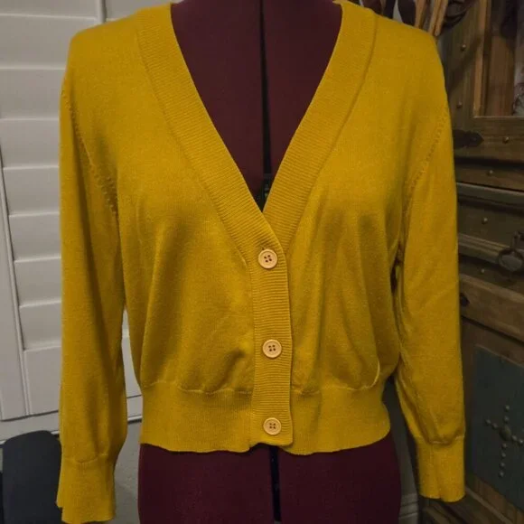MAK XL Cropped Cardigan 3/4 Sleeve Soft Lightweight Stretchy Mustard 💛 90s- Y2K - Picture 6 of 15